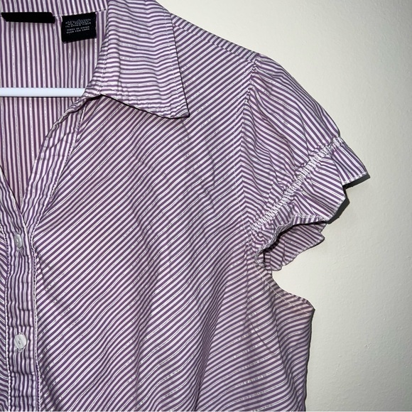 Torrid Lavender and White Thin Striped Cap ruffle Sleeved Button Down Blouse 2 - Picture 6 of 8